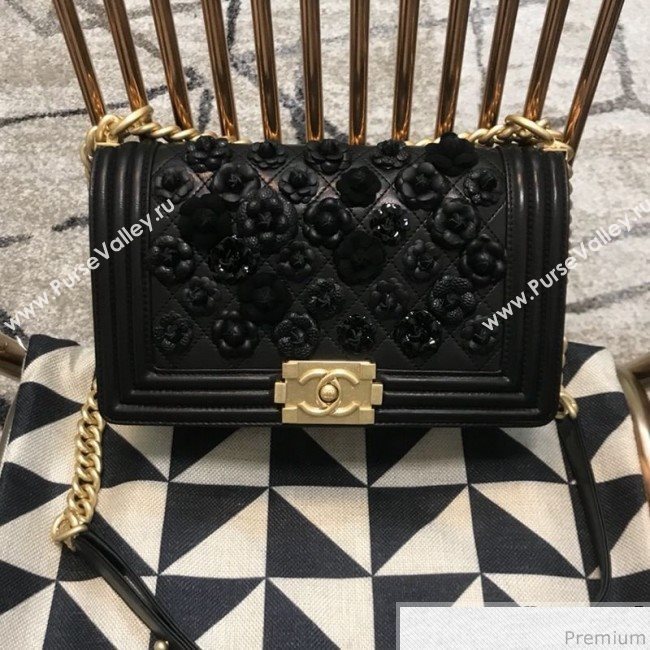Chanel Camellia Large Boy Flap Bag A67085 Black 2019 (JDH-9040318)