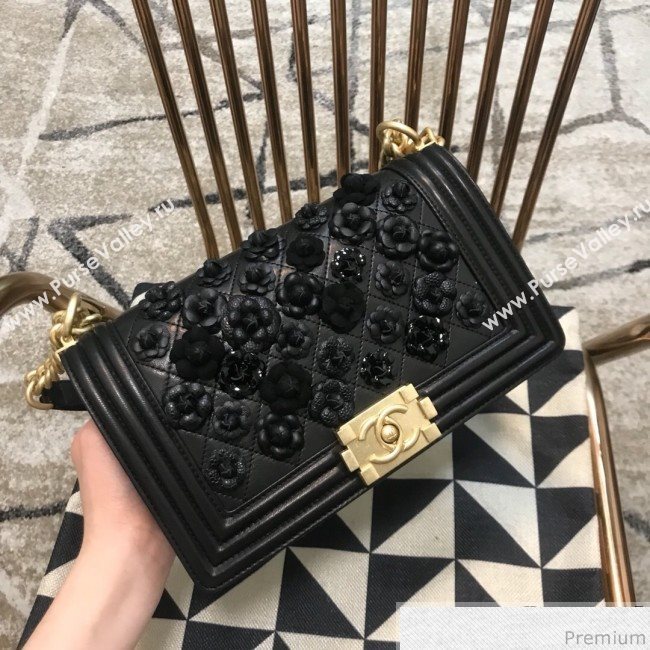 Chanel Camellia Large Boy Flap Bag A67085 Black 2019 (JDH-9040318)