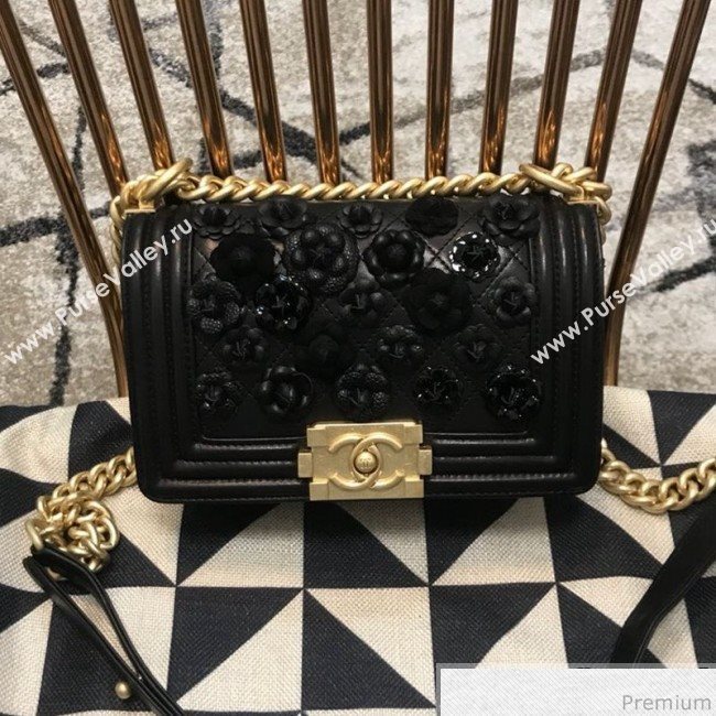Chanel Camellia Small Boy Flap Bag A67085 Black 2019 (JDH-9040317)