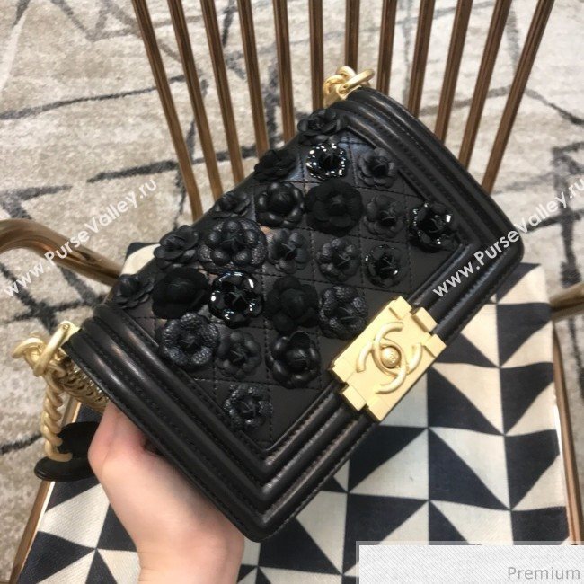 Chanel Camellia Small Boy Flap Bag A67085 Black 2019 (JDH-9040317)