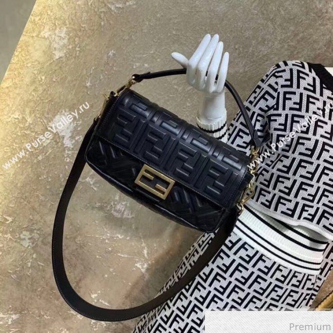 Fendi Baguette Medium FF Logo Lambskin Flap Bag Black 2019 (CL-9031347)