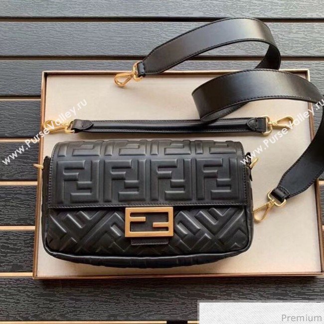 Fendi Baguette Medium FF Logo Lambskin Flap Bag Black 2019 (CL-9031347)