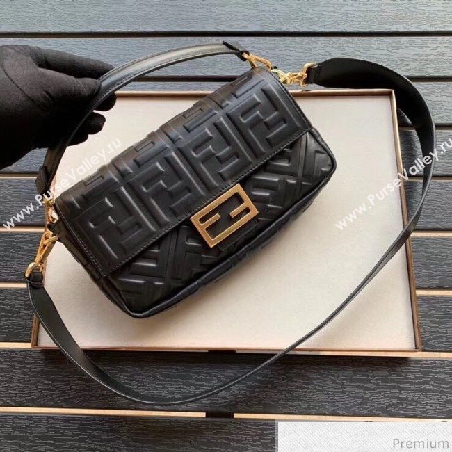 Fendi Baguette Medium FF Logo Lambskin Flap Bag Black 2019 (CL-9031347)