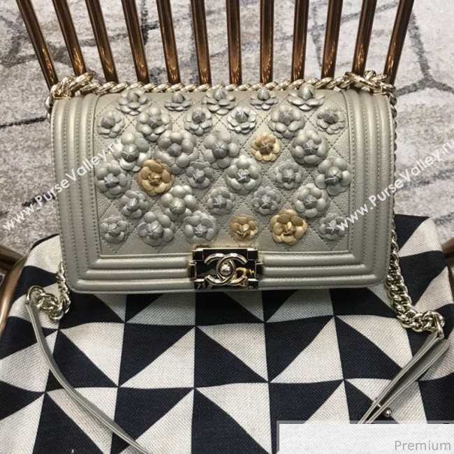 Chanel Camellia Large Boy Flap Bag A67085 Light Gray/Gold 2019 (JDH-9040320)