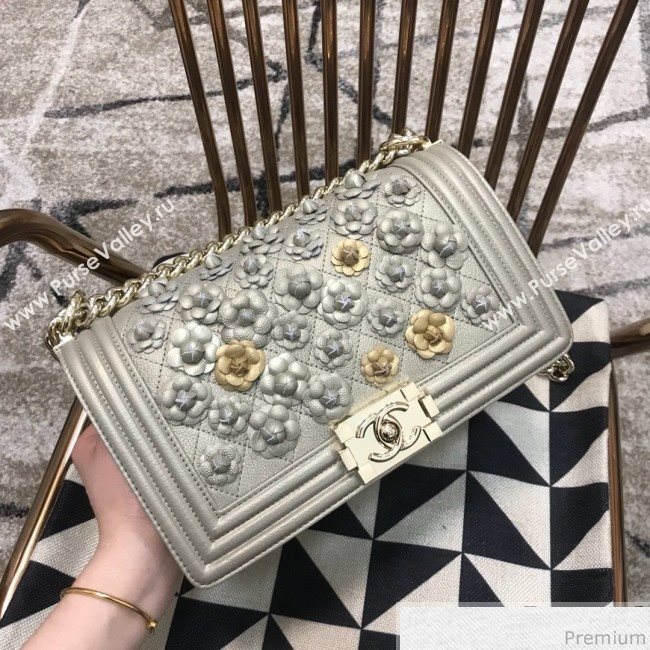Chanel Camellia Large Boy Flap Bag A67085 Light Gray/Gold 2019 (JDH-9040320)
