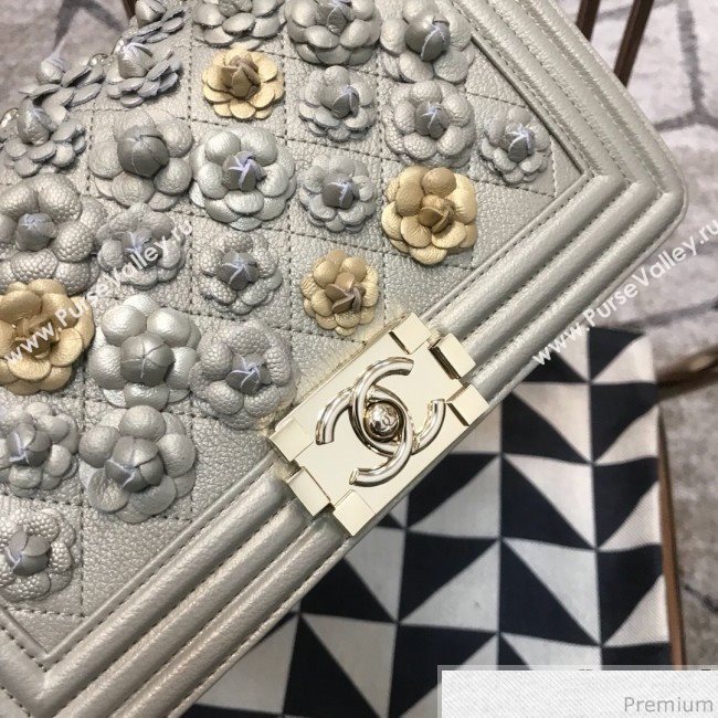 Chanel Camellia Large Boy Flap Bag A67085 Light Gray/Gold 2019 (JDH-9040320)