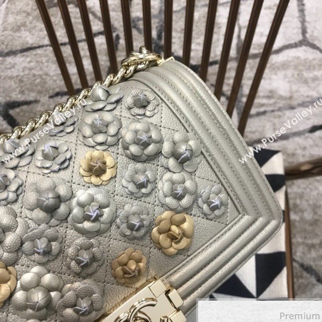 Chanel Camellia Large Boy Flap Bag A67085 Light Gray/Gold 2019 (JDH-9040320)