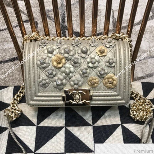 Chanel Camellia Small Boy Flap Bag A67085 Light Gray/Gold 2019 (JDH-9040319)