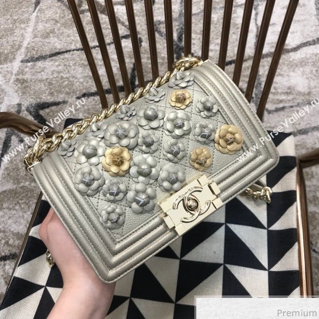 Chanel Camellia Small Boy Flap Bag A67085 Light Gray/Gold 2019 (JDH-9040319)