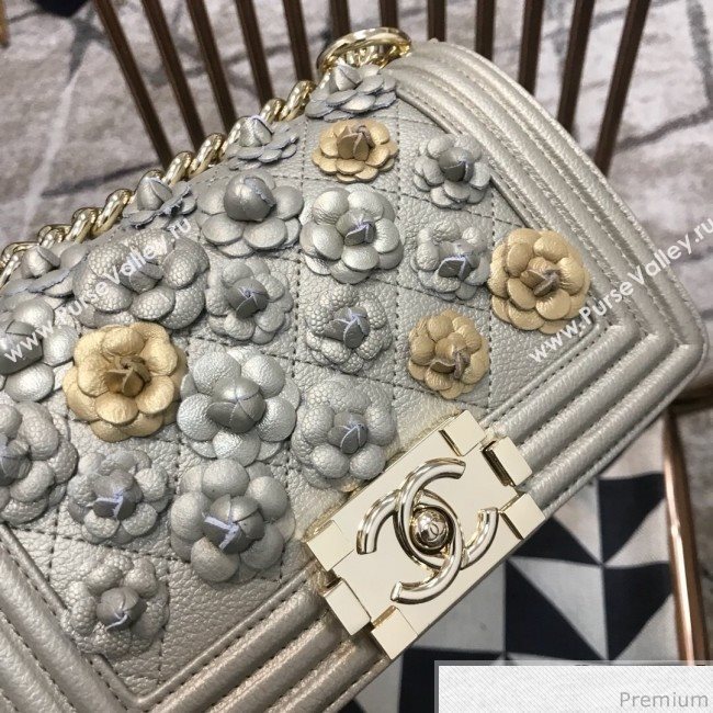Chanel Camellia Small Boy Flap Bag A67085 Light Gray/Gold 2019 (JDH-9040319)