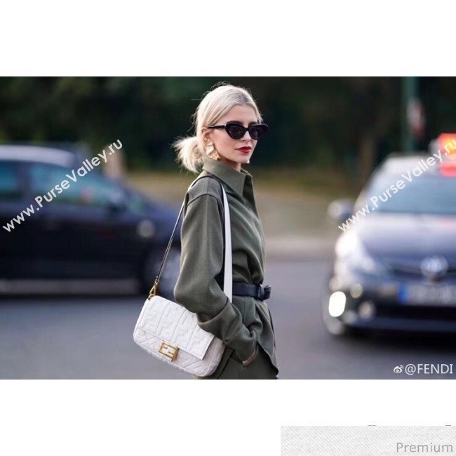 Fendi Baguette Medium FF Logo Lambskin Flap Bag White 2019 (CL-9031346)