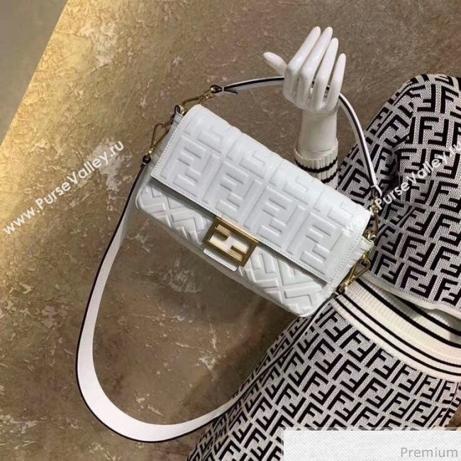 Fendi Baguette Medium FF Logo Lambskin Flap Bag White 2019 (CL-9031346)