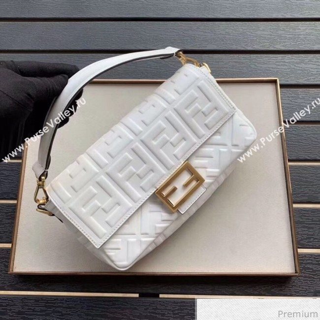 Fendi Baguette Medium FF Logo Lambskin Flap Bag White 2019 (CL-9031346)