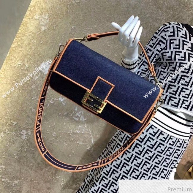 Fendi Baguette Large Denim Flap Bag Dark Blue/Neon Orange 2019 (CL-9031350)