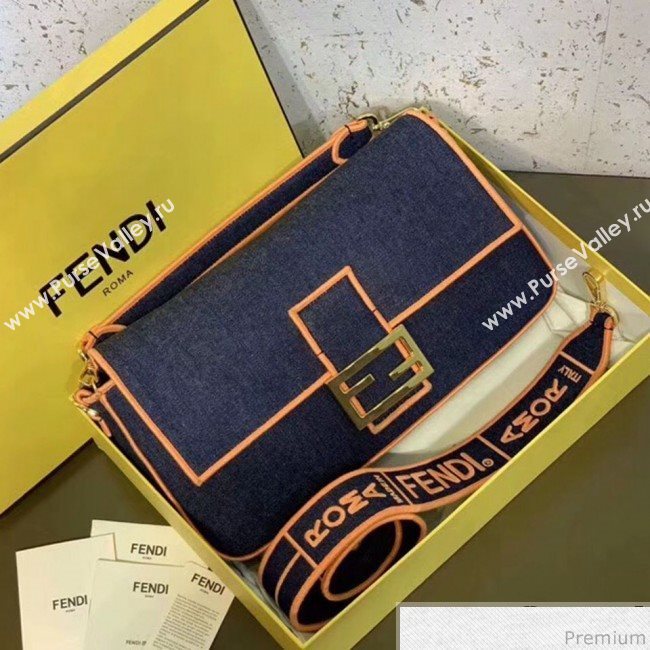 Fendi Baguette Large Denim Flap Bag Dark Blue/Neon Orange 2019 (CL-9031350)