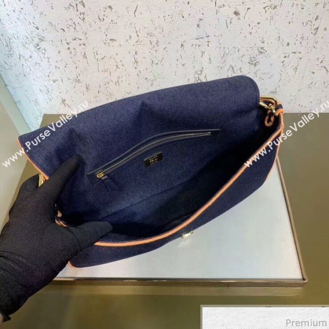 Fendi Baguette Large Denim Flap Bag Dark Blue/Neon Orange 2019 (CL-9031350)