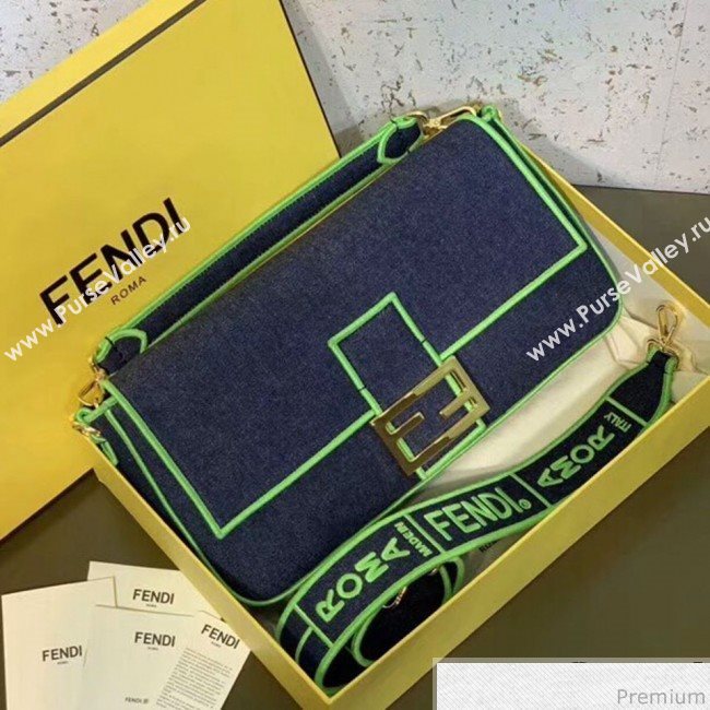 Fendi Baguette Large Denim Flap Bag Dark Blue/Neon Green 2019 (CL-9031348)