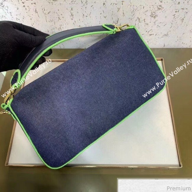 Fendi Baguette Large Denim Flap Bag Dark Blue/Neon Green 2019 (CL-9031348)