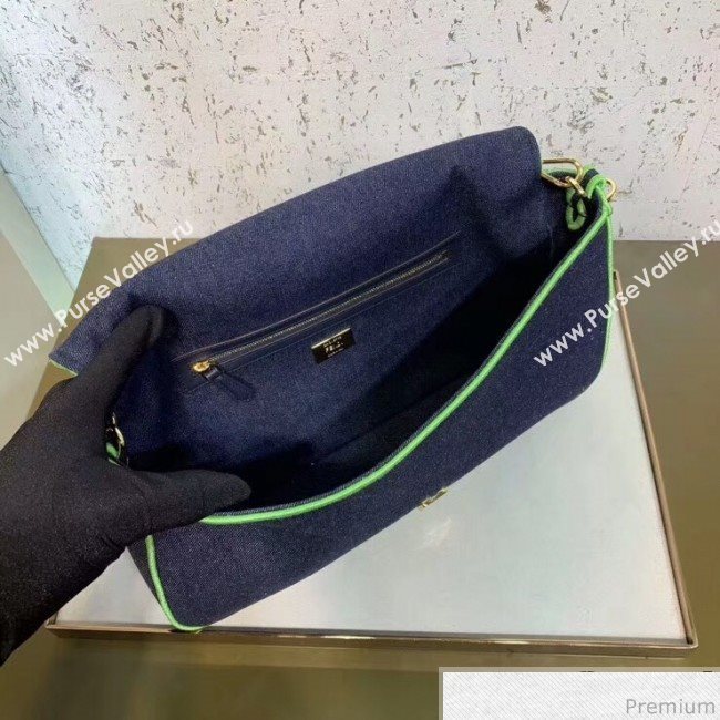 Fendi Baguette Large Denim Flap Bag Dark Blue/Neon Green 2019 (CL-9031348)