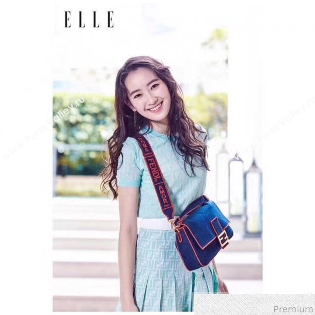 Fendi Baguette Large Denim Flap Bag Dark Blue/Red 2019 (CL-9031349)