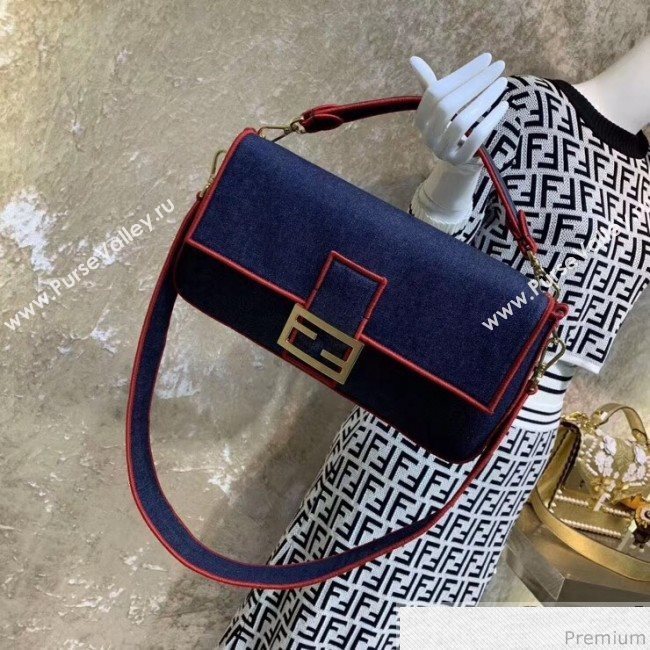 Fendi Baguette Large Denim Flap Bag Dark Blue/Red 2019 (CL-9031349)