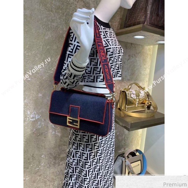 Fendi Baguette Large Denim Flap Bag Dark Blue/Red 2019 (CL-9031349)