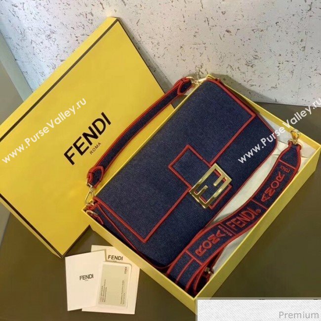 Fendi Baguette Large Denim Flap Bag Dark Blue/Red 2019 (CL-9031349)