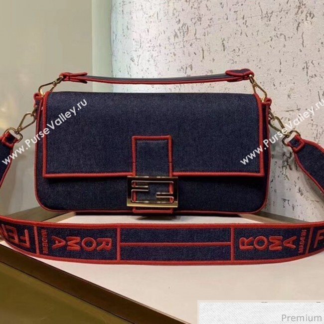 Fendi Baguette Large Denim Flap Bag Dark Blue/Red 2019 (CL-9031349)