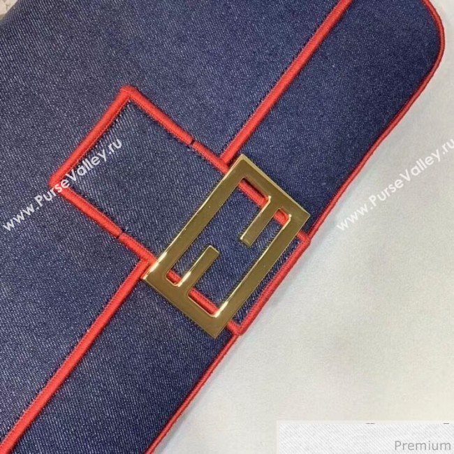 Fendi Baguette Large Denim Flap Bag Dark Blue/Red 2019 (CL-9031349)