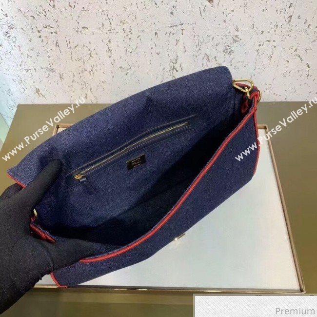 Fendi Baguette Large Denim Flap Bag Dark Blue/Red 2019 (CL-9031349)