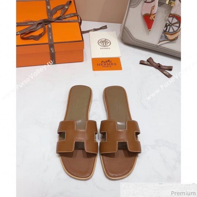 Hermes Oran H Slide Flat Sandals Brown (KER-9031361)