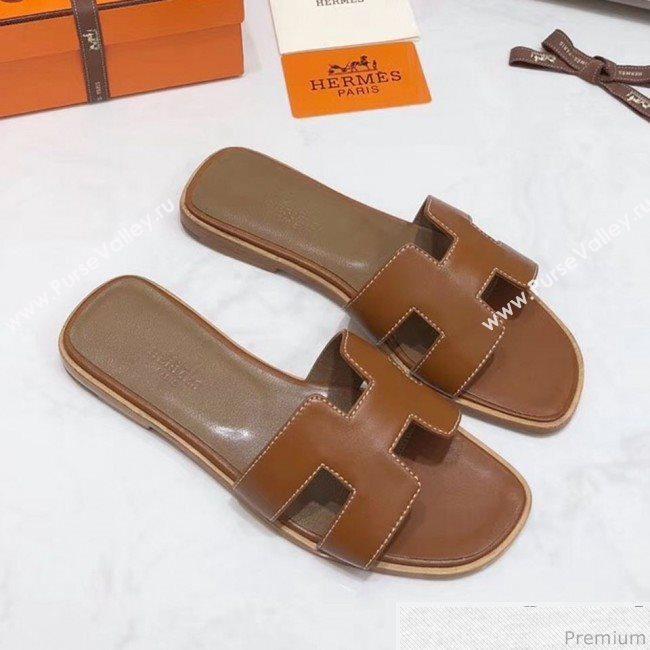 Hermes Oran H Slide Flat Sandals Brown (KER-9031361)