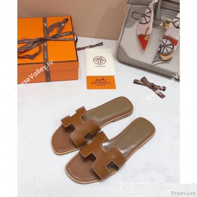 Hermes Oran H Slide Flat Sandals Brown (KER-9031361)