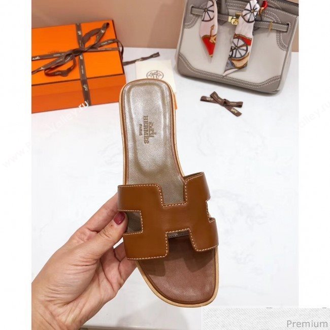 Hermes Oran H Slide Flat Sandals Brown (KER-9031361)