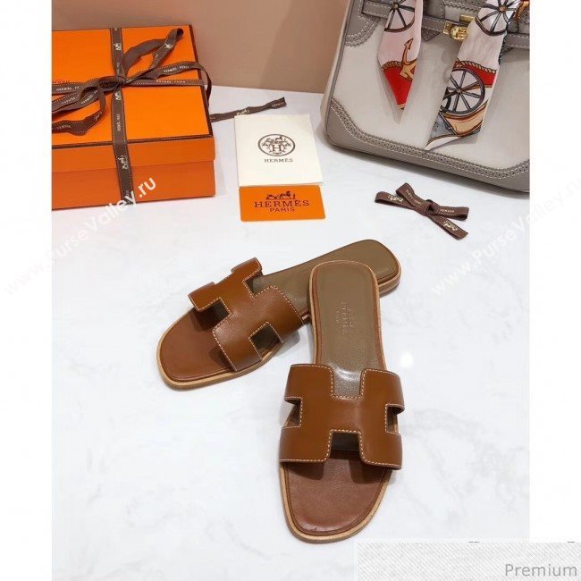 Hermes Oran H Slide Flat Sandals Brown (KER-9031361)