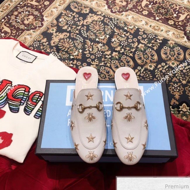 Gucci Pricetown Flat Embroidered Bee Leather Slipper Mules White/Gold 2019 (KL-9031365)
