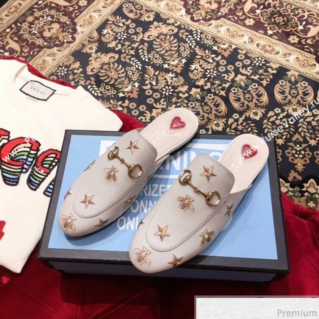Gucci Pricetown Flat Embroidered Bee Leather Slipper Mules White/Gold 2019 (KL-9031365)