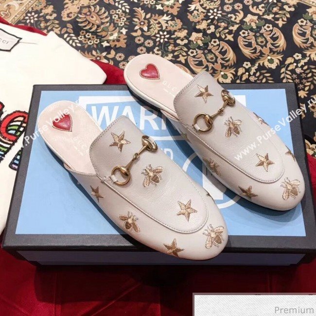 Gucci Pricetown Flat Embroidered Bee Leather Slipper Mules White/Gold 2019 (KL-9031365)