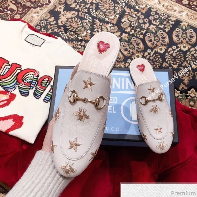 Gucci Pricetown Flat Embroidered Bee Leather Slipper Mules White/Gold 2019 (KL-9031365)