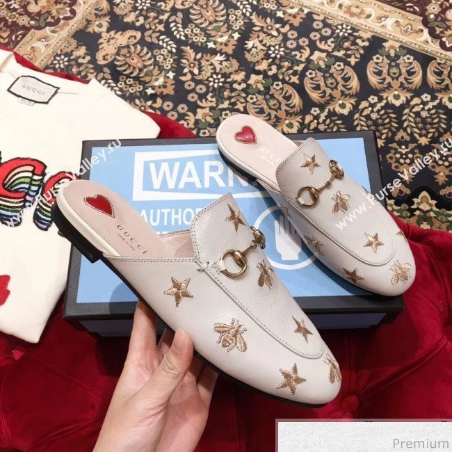 Gucci Pricetown Flat Embroidered Bee Leather Slipper Mules White/Gold 2019 (KL-9031365)