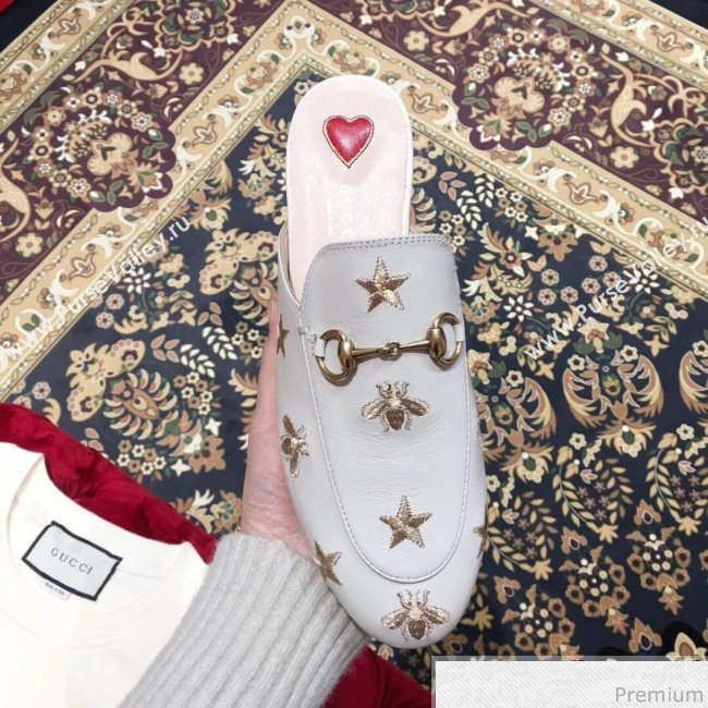 Gucci Pricetown Flat Embroidered Bee Leather Slipper Mules White/Gold 2019 (KL-9031365)