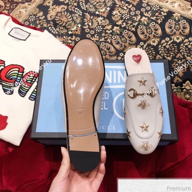 Gucci Pricetown Flat Embroidered Bee Leather Slipper Mules White/Gold 2019 (KL-9031365)