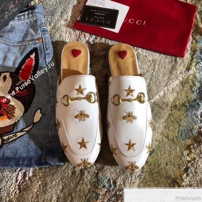 Gucci Pricetown Flat Embroidered Bee Leather Slipper Mules White/Beige Insole 2019 (KL-9031366)