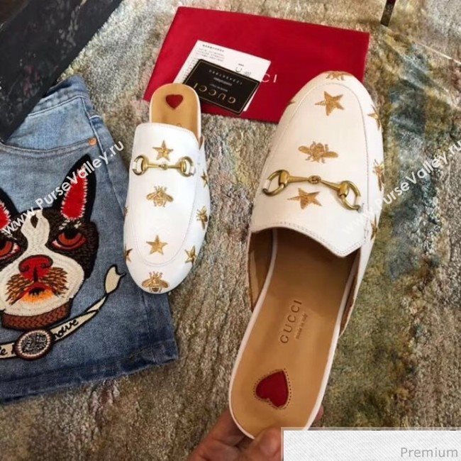 Gucci Pricetown Flat Embroidered Bee Leather Slipper Mules White/Beige Insole 2019 (KL-9031366)