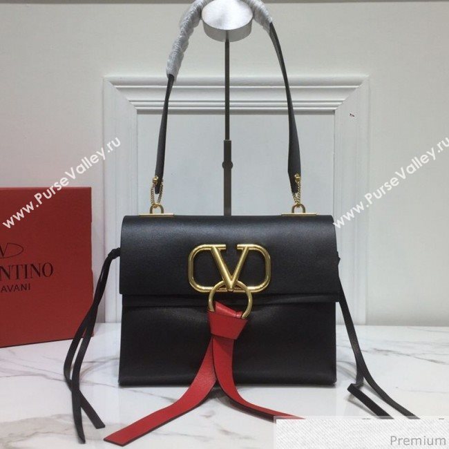 Valentino Small VRING Smooth Calfskin Shoulder Bag Black/Red Tie 2019 (XYD-9040346)