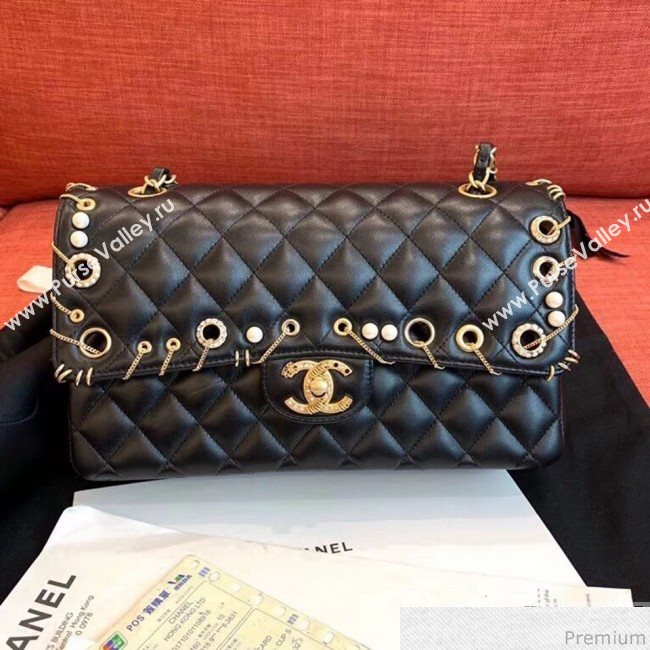 Chanel Eyelet and Chain Classic Flap Bag A01112 Black/Gold 2019 (KN-9031506)