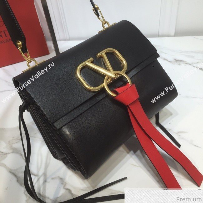 Valentino Small VRING Smooth Calfskin Shoulder Bag Black/Red Tie 2019 (XYD-9040346)