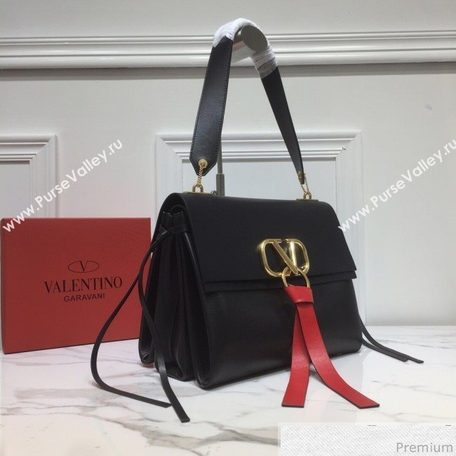 Valentino Medium VRING Smooth Calfskin Shoulder Bag Black/Red Tie 2019 (XYD-9040347)