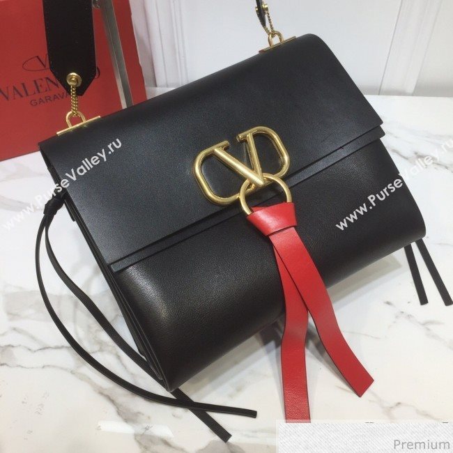 Valentino Medium VRING Smooth Calfskin Shoulder Bag Black/Red Tie 2019 (XYD-9040347)