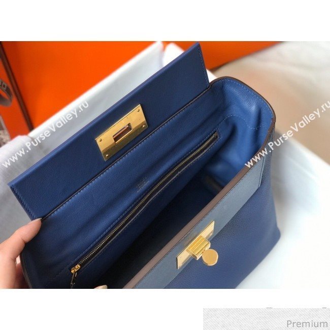 Hermes Kelly 24/24 - 29 Bag in Togo Leather Blue/Gold 2018 (Half Handmade) (FLB-9040116)